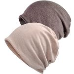 WULIQIUQIU 2 Pack Cotton Slouchy Beanie Hats, Chemo Hat Cap Scarf for Women and Men Khaki+Coffee