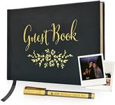 Guest Book - Simple Timeless Design Sign In for Wedding Reception, Baby Shower, Funeral, Vacation Home - Keepsake for Special Events - Polaroid Guestbook, Bookmark & Gold Floral - 9" x 6" (100 Pages)