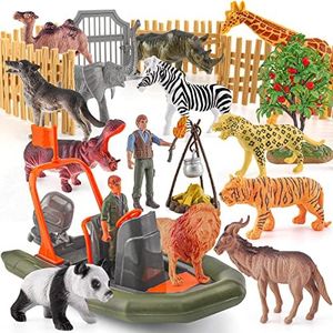 Mni Wild Jungle Toys 18PCS Survival Hunting Playset with Fire Airship Tiger Giraffe Leopard Hippo Elephant Wild Boar Camel Antelope Zebra Lion Rhinoceros Panda