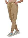 fabcoast Women Cotton Cargo Pants Full Elastic with Drawstring with 2 Side Pockets, 2 Back Pockets and 2 Leg Pockets (X-Large, Beige).