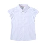 Bienzoe Girls School Uniform Shirt: Kids Summer Button Down Short Sleeve Cotton Oxford Blouse White M