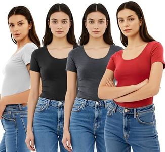Emmalise Women's Short Sleeve Tshirt Scoop Neck Tee Value Set (4Pk, Bk, Wh, HChr, Dk Red, 1XL)
