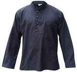 SHOPOHOLIC FASHION Plain Hemp Fabric Band Collar Hippy Grandad Shirts for Men, Navy, 2XL