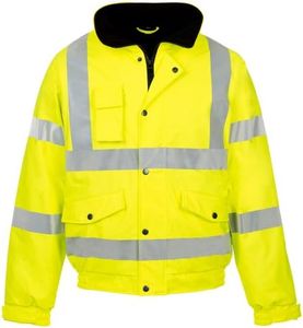 MyShoeStore Hi Vis Bomber Jacket High Viz Visibility Workwear Safety Security Concealed Hood Fluorescent Flashing Hooded Padded Waterproof Work Wear Coat (Yellow,M)