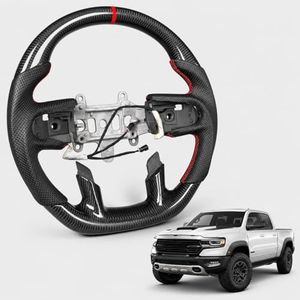 Tesfeel Carbon Fiber Steering Wheel for Ram 1500 TRX 2021-2024, D-Shaped Flat-Bottom Design, Hand-Stitched, Perforated Leather Grip, Paddle Shifter Holes, Heated