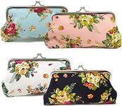 Honbay 4PCS Canvas Floral Coin Purse, Kiss Lock Change Purse, Vintage Trinkets Pouch, Cell Phone Pouch, Rose Pattern Clasp Closure Wallet, 3.54 x 7.48"(9x19cm)