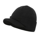 Home Prefer Men's Winter Beanie Hat with Brim Warm Double Knit Cuff Beanie Cap, Black, One Size