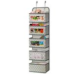 Over the Door Hanging Pantry Storage Organizer with 5 Large Pockets with Clear PVC Window & 2 Big Metal Hooks for Closet,Bathroom,Nursery,Bedroom,Dorm,Baby Diapers,Kids Toys, Food,Snacks (Beige)