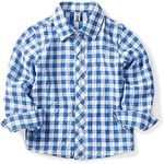 OCHENTA Boys Plaid Button Down Shirts Long Sleeve Roll Up Cotton Spring Fall Shirt Casual Tops Blue 120-4T