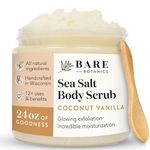 Bare Botanics Coconut Vanilla Body Scrub 24oz | Made in USA | All Natural Sea Salt Exfoliator w/Skin Loving Moisturizers | Vegan & Cruelty Free | Gift Ready Packaging w/a Cute Wooden Spoon