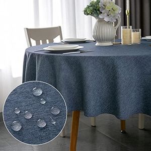 Qidordour Round Tablecloth,48 inch Diameter,Faux Linen Table Cloth,Water Resistant Spill-Proof Wipeable Polyester Dining Table Cover for Kitchen Cafe Restaurant Buffet Tabletop Decoration,Denim Blue