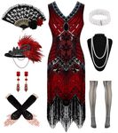 Women's 1920s Flapper Dresses, Lace Fan Feather Headband Sequin Beaded Fringes Vintage V Neck Roaring 20s Accessories