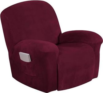 Turquoize Velvet Recliner Covers with Pocket Recliner Chair Cover Stretch Recliner Slipcovers 1 Piece Velvet Recliner Furniture Cover/Protector for Recliner with Elastic Bottom (Recliner, Burgundy)