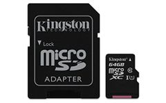 Kingston Digital 64GB MicroSD Class 10 UHS-1 Memory Card 30MB/s with Adapter (SDCX10/64GBET)