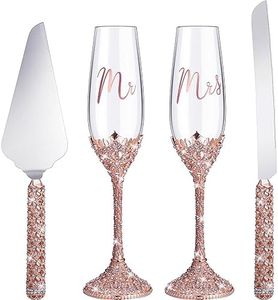 Sratte 4 Pcs Wedding Champagne Flutes and Cake Knife Server Set Include 2 Toasting Crystal Rhinestone Champagne Flutes Glasses Cake Knife Pie Server Wedding Gifts for Wedding Couple Bride and Groom
