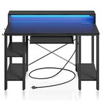 Rolanstar Computer Desk 47 inch with LED Lights & Power Outlets, Carbon Fiber Surface Black Desk with Storage Shelves, Home Office Desk with Keyboard Tray & Monitor Stand, Work Desk for Home Office