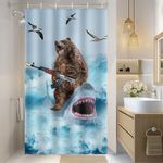 Aimego Stall Small Shower Curtain - Funny Bear Riding Shark in Ocean Wave Fun Cool Crazy Narrow Half Fabric Cloth Bath Shower Curtain Set for Adults Bathroom Decor Accessories, 36"x72", Blue Brown