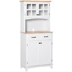 HOMCOM Freestanding Kitchen Cupboard, Kitchen Storage Cabinet with Framed Glass Doors, 2 Drawers, Microwave Counter, White