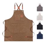 JILANLO Chef Apron for women men,Adjustable Canvas Apron with Large Pockets,Crossback,Waterproof Cooking Chef Apron for ketchen,Garden,Craft Workshop and Garage(Brown)