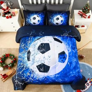 Andency 3D Soccer Comforter Queen(90x90 Inch), 3 Pieces(1 Soccer Comforter, 2 Pillowcases) Blue Flame Soccer Comforter Sport Microfiber Bedding Set for Boy Girl Kids Teens