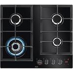 AEG HKB64450NB FlameLight Gas Hob, 4 Burners, 59cm, Gas-on-Glass Cooktop, Hob2Hood, StepPower Controls, LED Indicators, Cast Iron Pan Support, 4 Cooking Zones, Black