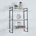 FURNIFOX Metal and Wood Wall Shelf,Floating Wood Shelves Wall Mounted Iron Real Wood Book Shelves,Wall Shelves 3 Tier Bookshelf Shelving (Black White)