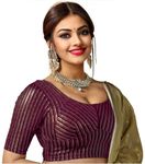 Round Neck Jacquard Striped Cotton Stretchable Elbow Sleeve Readymade Saree Blouse for Women Stylish_(Wine)(SC_BL_5911_FOIL_KATORI_Wine(34))