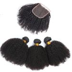 Aiokrtse Peruvian Virgin Hair Afro Kinky Curly Human Hair Bundles Hair Weave 100% Human Hair Extensions 18 20 22 with 16" Machine Made 4X4 Lace Closure Middle Part Natural Color