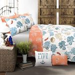 Lush Decor Coastal Reef Reversible Quilt Set, 7 Piece Set, Full/Queen, Blue & Coral - Tropical Beach Bedding Set with Throw Pillows - Coastal Quilts Queen Size - Beach House Decor