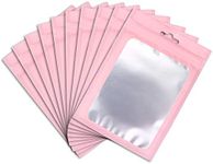 XFXIA 100 Pieces Mylar Bags, Resealable Smell Proof Bags with Zipper Lock and Clear Window, Aluminum Foil Pouch Bag for Sample Packaging |Flat|Cute| (Pink, 2.95×4.72 inches)