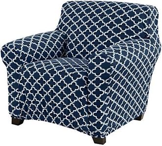 Great Bay Home Printed Twill Arm Chair Slipcover. One Piece Stretch Chair Cover. Strapless Arm Chair Cover for Living Room. Fallon Collection Slipcover. (Chair, Navy)
