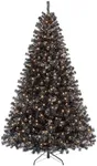 Yaheetech 7.5Ft Pre-Lit Halloween Black Artificial Hinged Christmas Pine Tree Prelighted Xmas Tree for Home Party Holiday Decoration with 550 Clear Warm White Lights and 1354 Branch Tips