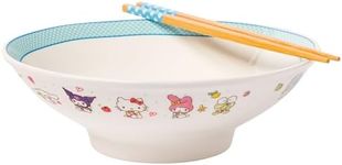 Silver Buffalo Hello Kitty and Friends Little Twin Stars, Pompompurin, Pochacco, Cinnamoroll, Kuromi, My Melody, and Keroppi Ceramic Ramen Noodle Rice Bowl with Chopsticks, Microwave Safe, 30 Ounces