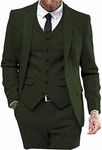 Mens Tweed Herringbone Wedding Suit Prom Tuxedos 3 Piece Peak Lapel Dress(Army Green,46)