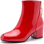 Women's Fashion Square Toe Short Gogo Ankle Boots Low Block Heel Back Zipper Booties, Red, 7.5