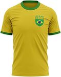 Mens Retro Brazil Badge T Shirt Football Brasil Futbol Soccer Supporter Tee, L, Yellow/Green