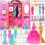 108pc Doll Closet Wardrobe Doll Clothes and Accessories for 11.5 inch Girl Doll Dress Up Including Wedding Dress Outfits Shoes Hangers Bags Necklaces Stickers (No Doll)