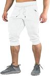 FASKUNOIE Men's Athletic Shorts Summer 3/4 Length Cotton Workout Jogger Shorts with Zipper Pockets White