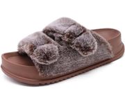 KuaiLu Women's fluff Slippers Plantar Fasciitis Arch Support Platform Slippers Ladies Fashion Open Toe Faux Fur Sliders House Slipper, Brown Size 6