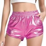 MAKARTHY Women's Metallic Shorts Elastic Waist Shiny Sparkly Rave Pants (Pink, XX-Large)