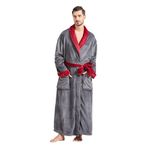 FashGudim Mens Robes Big and Tall Full Length Plush Fleece Long Robe for Men Bathrobe Shawl Collar Warm Winter House Robes, Grey/Red, Large-X-Large Big Tall