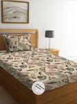 DECOMIZER Cotton Feel All Around Elastic Fitted Glace Printed Single Bed Bedsheet with 1 Large Pillow Cover Fits Upto Mattress of 6 Inches,Size - 42 x 75 x 8 Inches, Beige Anokhi