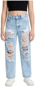 Girls Ripped Wide Leg Flare Baggy Stretch Denim Jeans Y2K Streetwear