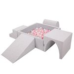 KiddyMoon Foam Playground For Kids With Square Ballpit (200 Balls ∅ 7Cm/2.75In) Soft Obstacles Course And Ball Pool Made In EU, Lightgrey:Powderpink/Pearl/Transparent