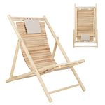 COSTWAY Folding Deck Chair, 3-Position Adjustable Outdoor Sling Chair Seaside Sun Lounger with Cushioned Headrest, Portable Solid Wood Garden Chair Recliner for Beach, Patio, Lawn and Poolside