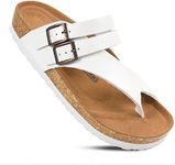 AEROTHOTIC Womens Strappy Slip-On Modern Memory Foam Cushion Footbed Outdoor Adjustable Buckle Cork Footbed Slides for Sandals with Comfortable Arch Support (Kaizen White, Size 10)