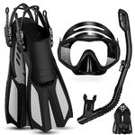 Odoland 4 in 1 Snorkel Set, Snorkeling Packages with Dry Top Diving Mask, Adjustable Swim Fins, Mesh Bag, Anti-Fog Anti-Leak Snorkeling Gear for Men Women,Black,L/XL