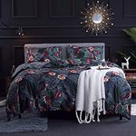 Sedefen Dark Green Floral Duvet Cover Queen Botanical Duvet Cover Soft Microfiber Bedding Duvet Covers 3 Pcs with Zipper Ties Reversible Striped Bedding Set with Pink Flower Green Leaves Bird Pattern