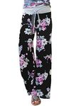 YAMTHR Womens Wide Leg Palazzo Pants Floral Printed High Waist Drawstring Trousers Lounge Pants (Black3, 3XL)