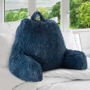 Cheer Collection Fluffy Reading Pillow Chair - Shaggy Hair Chair Pillow with Arms for Bed & Couch, Navy Blue